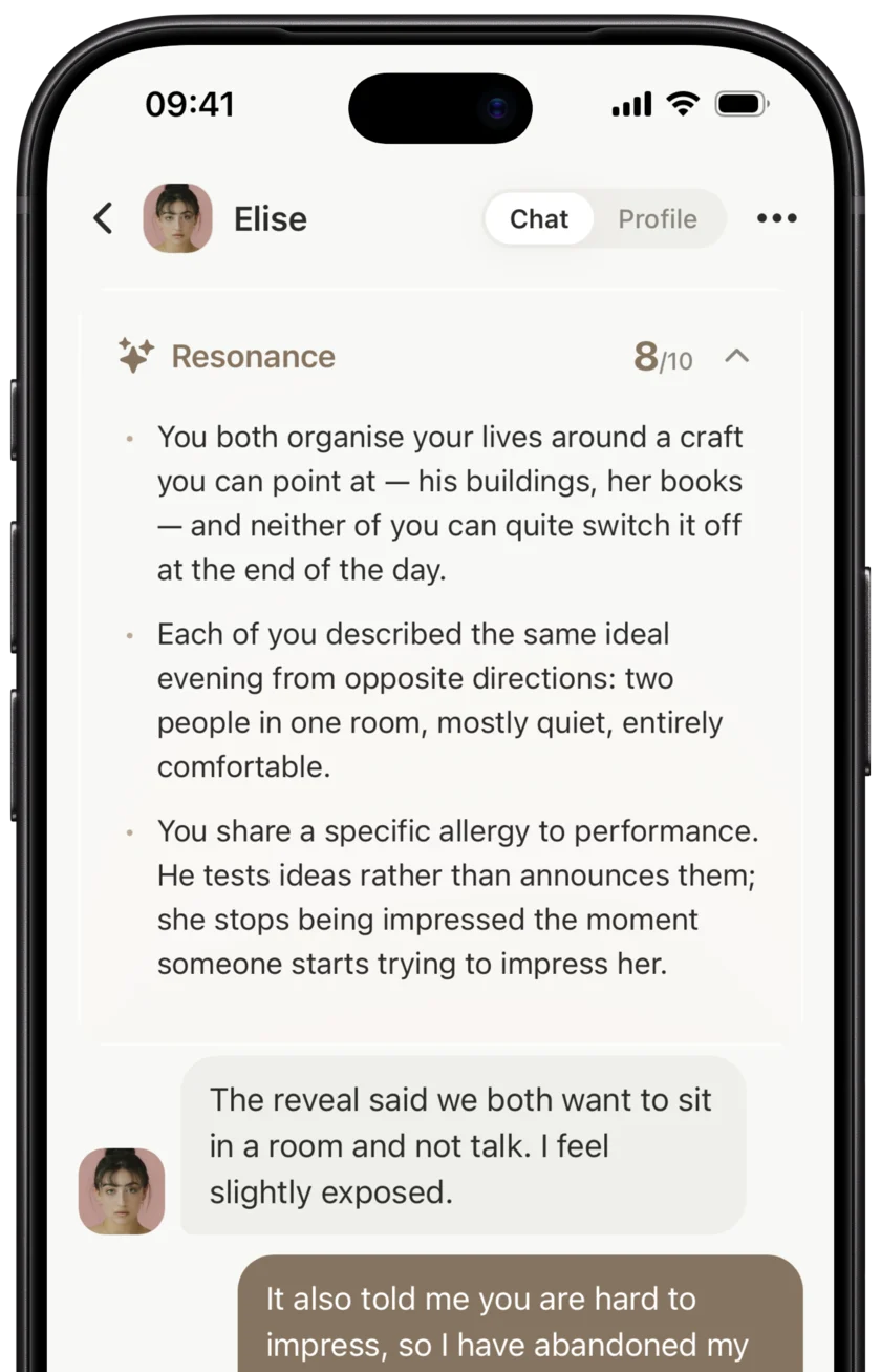 A conversation opening with Resonance: three things two people already share.
